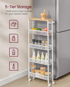 Vasagle Slim Rolling Cart, 5-Tier Storage Cart, Narrow Cart With Handle, 5.1 Inches Deep, Metal Frame, For Kitchen, Dining Room, Living Room, Home Office, Oak Beige And Classic White Ulrc034W09
