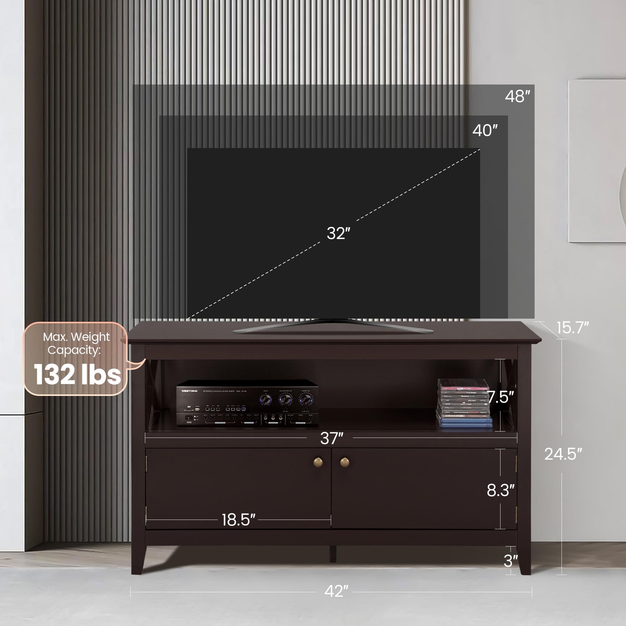Yaheetech Wooden TV Stand for TVs Up to 48", Espresso, Media Cabinet with Storage Shelf & 2 Doors, Model YT-00089125TS