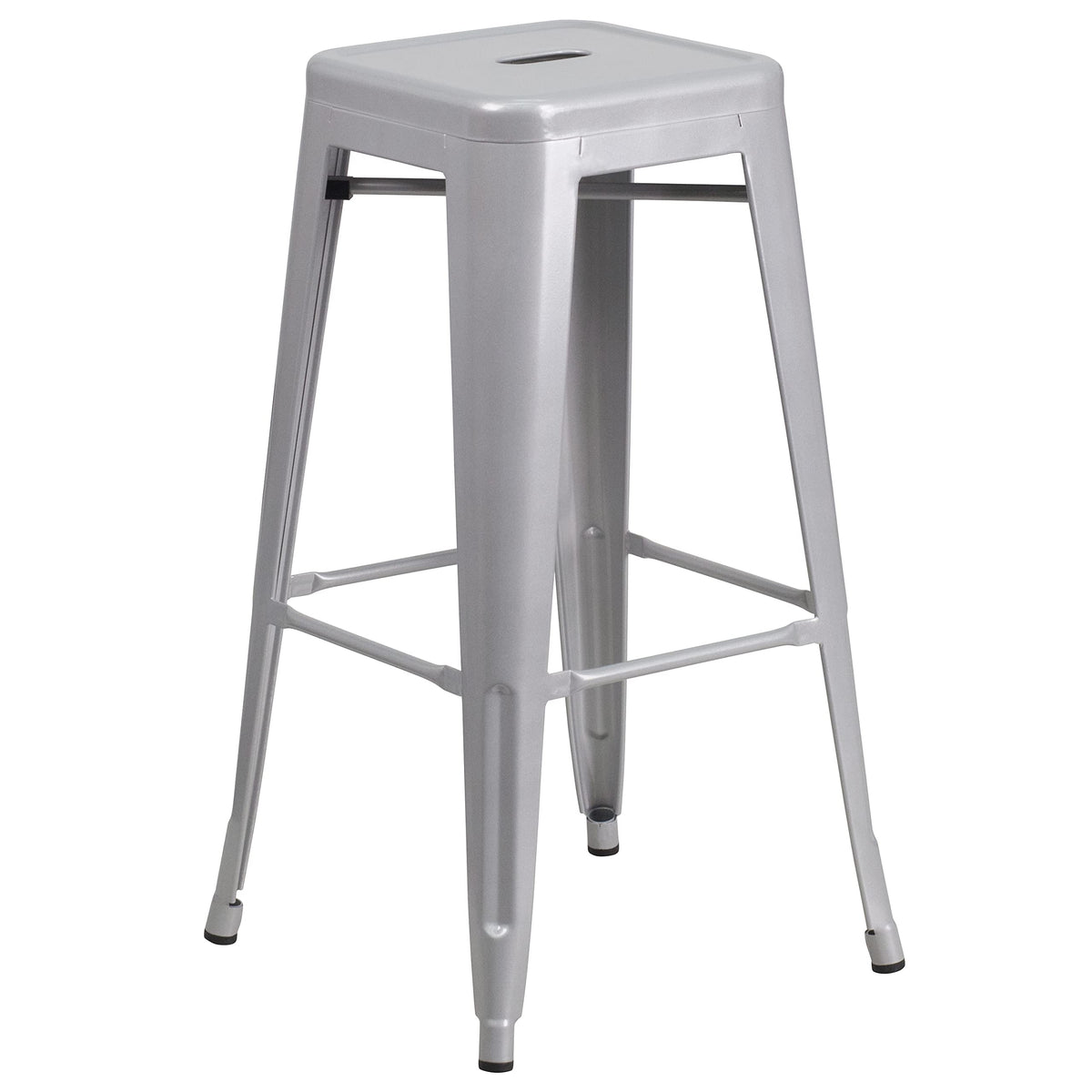 Flash Furniture Commercial Grade 30" Round Silver Metal Indoor-Outdoor Bar Table Set with 4 Square Seat Backless Stools