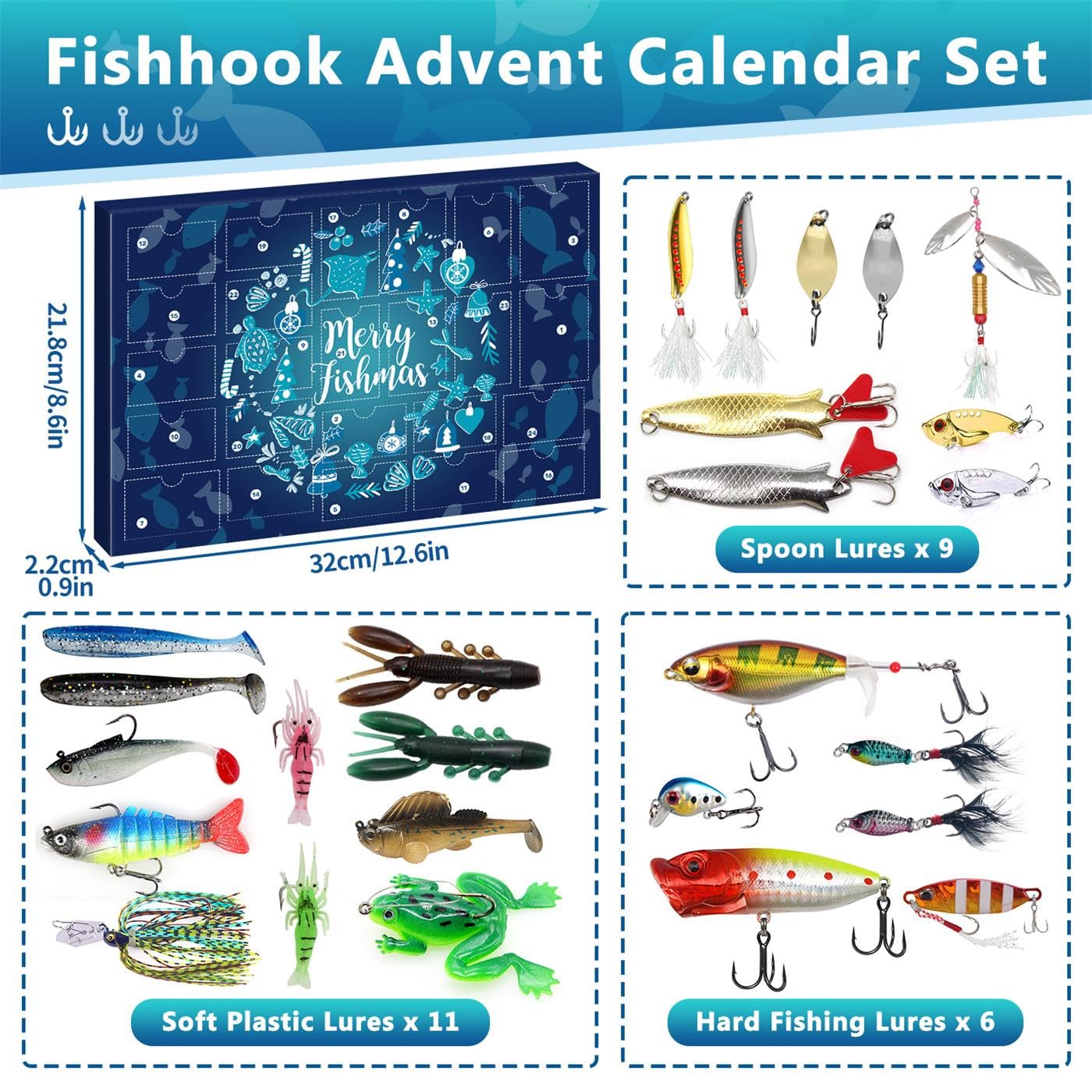 MOVINPE Fishing Advent Calendar - 2024 Fishing Lure Gift Set for Men & Boys, 24 Topwater Lures, Plastic, Blue
