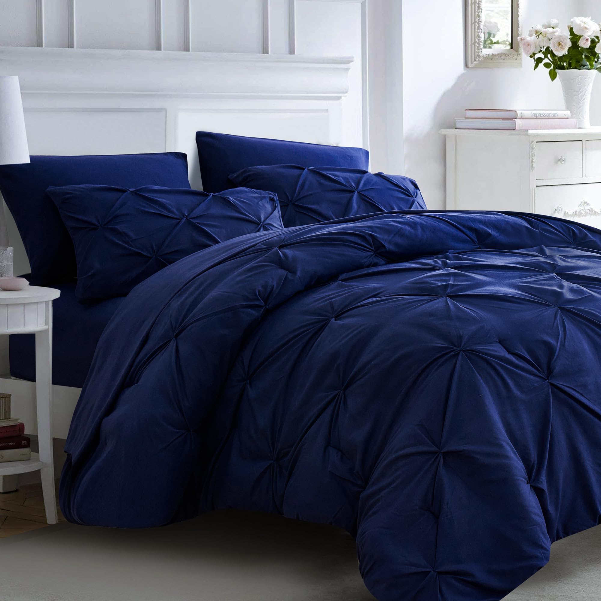 Ubauba 7Pc Bed Comforter Set Queen Size, 7 Piece Dark Blue Bedding Sets With Comforters And Sheets, Royal Blue Soft And Fluffy B