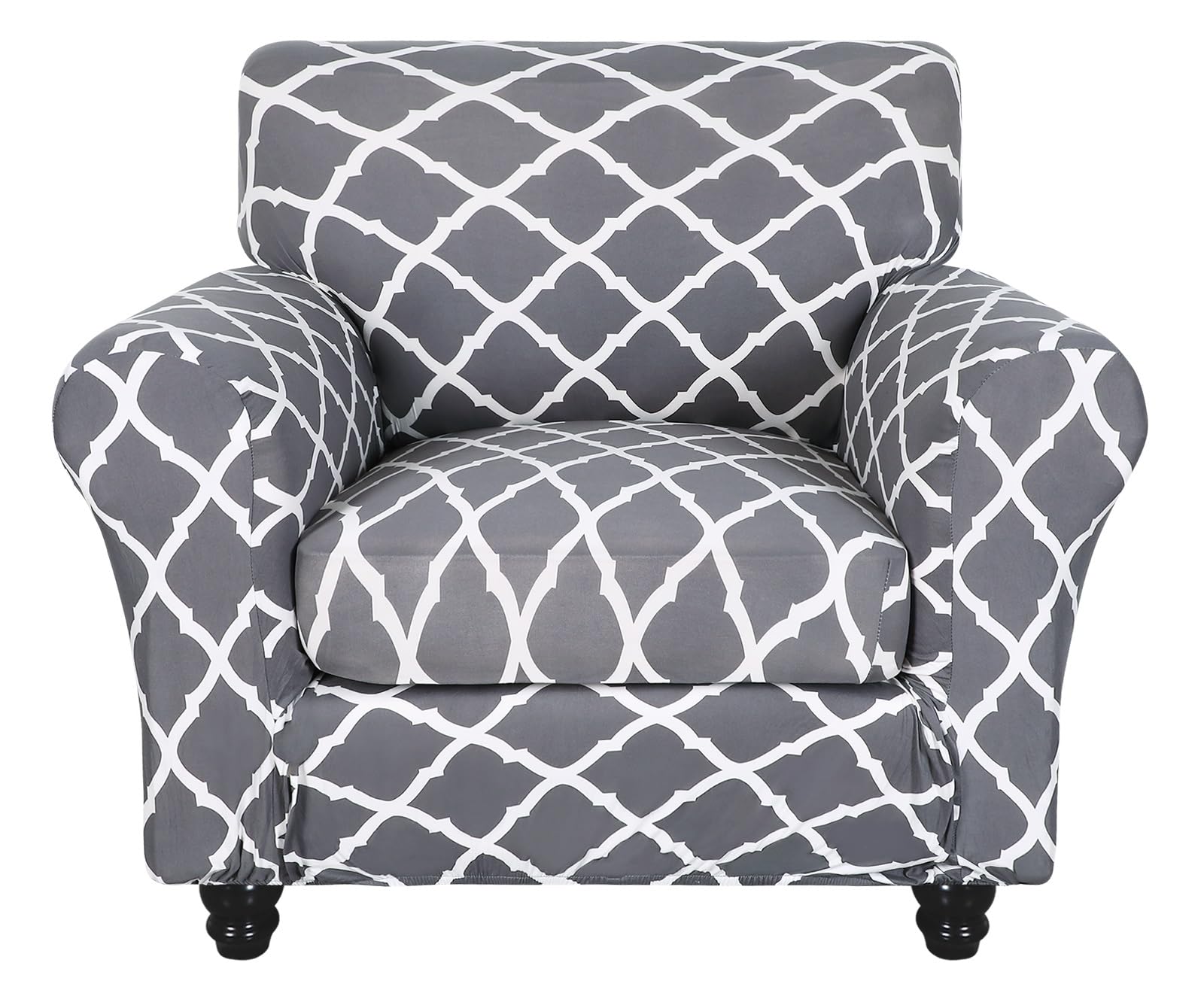 Searchi Stretch Sofa Cover Printed Couch Covers, Floral Pattern 2 Piece Armchair Slipcover With Separate Chair Cushion Cover, Washable Furniture Protector For Living Room(Armchair, Gray+White)