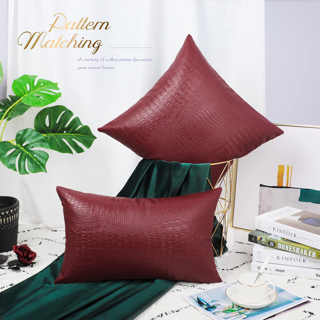 Brawarm Faux Leather Pillow Covers 16 X 16 Inches, Deep Red Leather Pillow Covers Pack Of 2, Crocodile Leather Decorative Throw