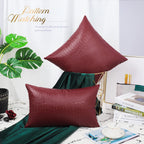 Brawarm Faux Leather Pillow Covers 16 X 16 Inches, Deep Red Leather Pillow Covers Pack Of 2, Crocodile Leather Decorative Throw
