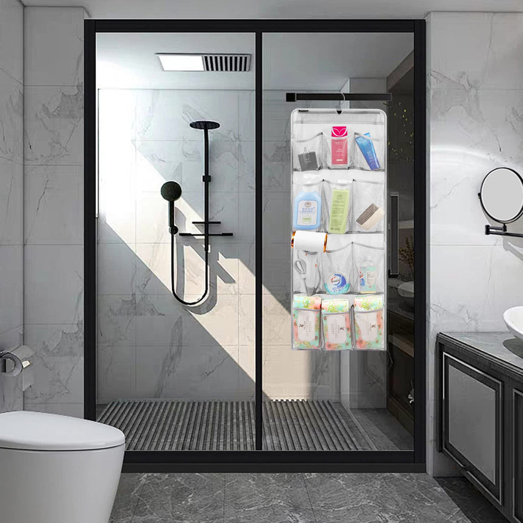 Anzorg Mesh Shower Organizer Hanging Caddy Quick Dry Bathroom Storage For Toiletry Accessories With Rotating Hanger (12 Pockets)