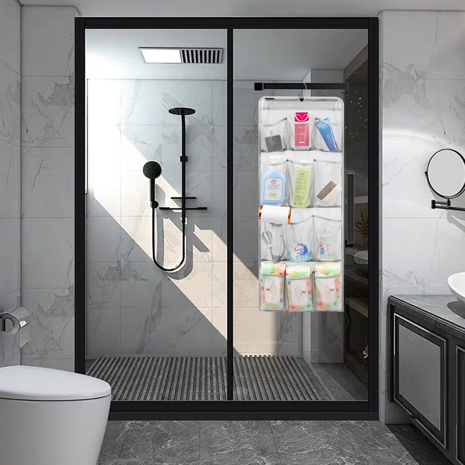 Anzorg Mesh Shower Organizer Hanging Caddy Quick Dry Bathroom Storage For Toiletry Accessories With Rotating Hanger (12 Pockets)