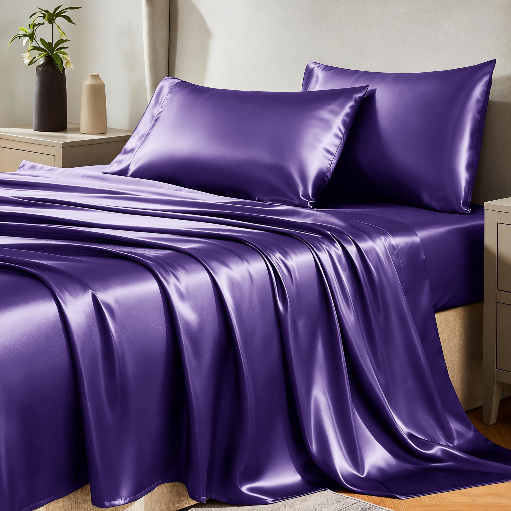 Cozylux Satin Sheets Twin Size - 3 Piece Purple Bed Sheet Set With Silky Microfiber, 1 Deep Pocket Fitted Sheet, 1 Flat Sheet, A