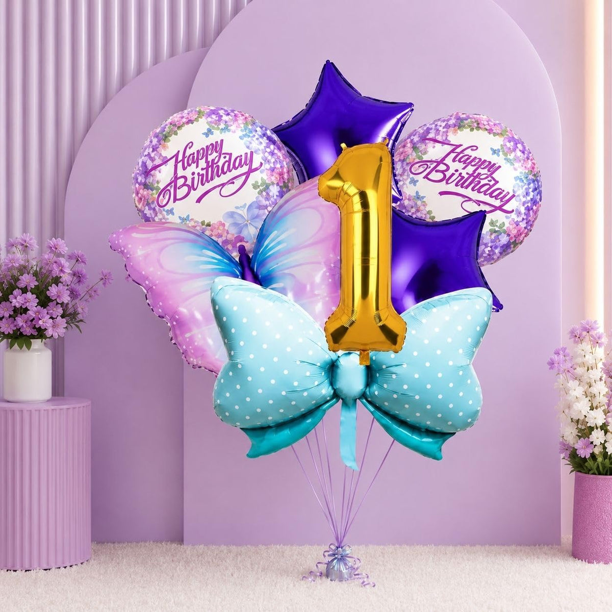 FI  FLICK IN 7 Pcs 1st Birthday Decoration Kit with Number Balloon, Bow & Foil Balloons