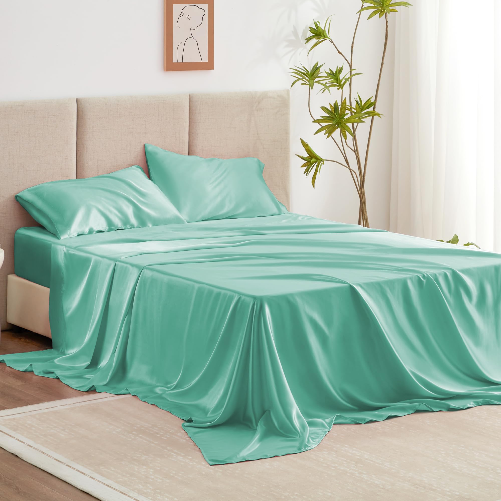 Love'S Cabin Twin Satin Sheets Sets - 3 Piece Aqua Silky Satin Bed Sheets Twin With Deep Pockets, Luxury Silk Feel Satin Twin Size Sheet Set Bedding Set (1 Flat Sheet,1 Fitted Sheet,1 Pillow Case)