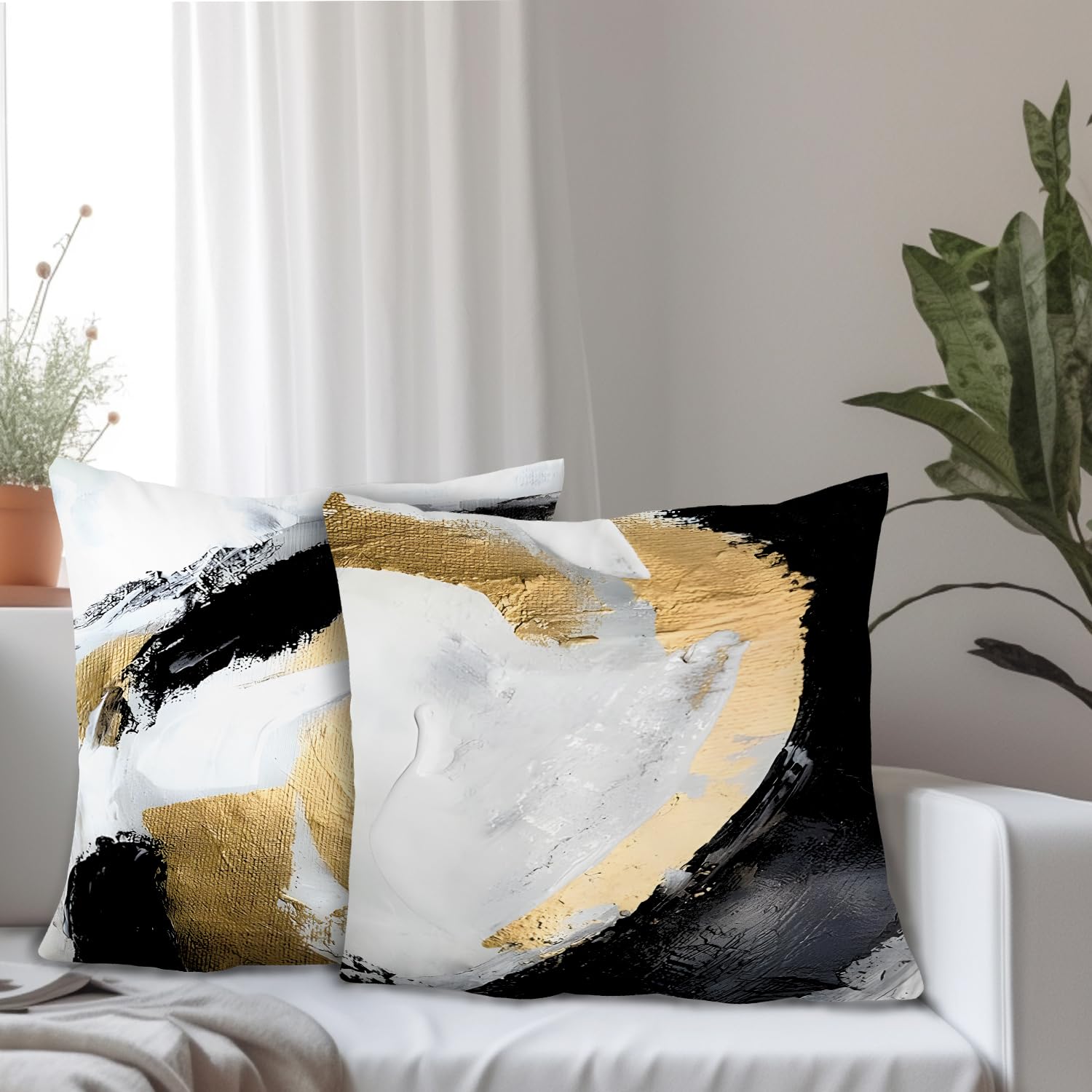 Supwhd Abstract Black White And Gold Pillow Covers 20X20 Set Of 2 - Modern Pillow Covers, Modern Home Decor, Black And Gold Deco