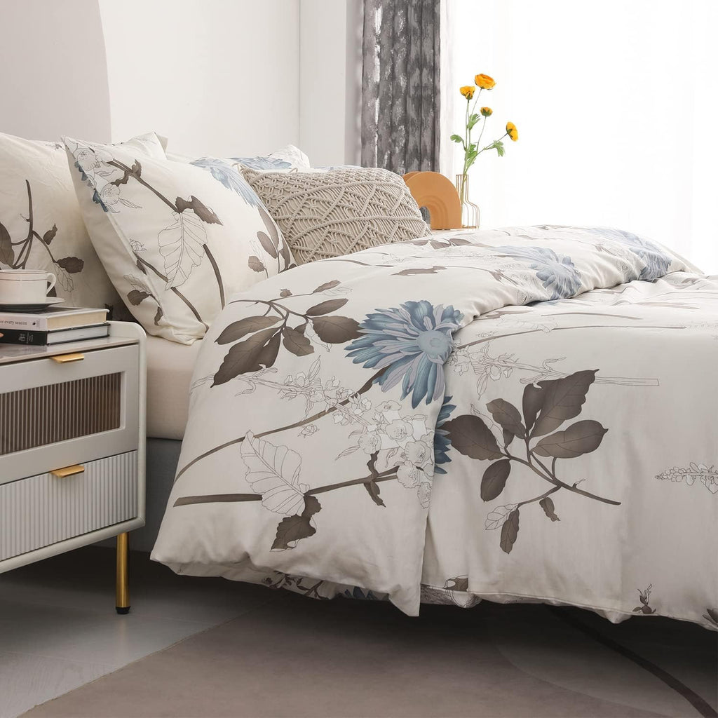 Sleepbella Comforter Twin Size, 600 Thread Count Cotton Brown Branches And Blue Flowers Off-White Comforter Sets, Down Alternati