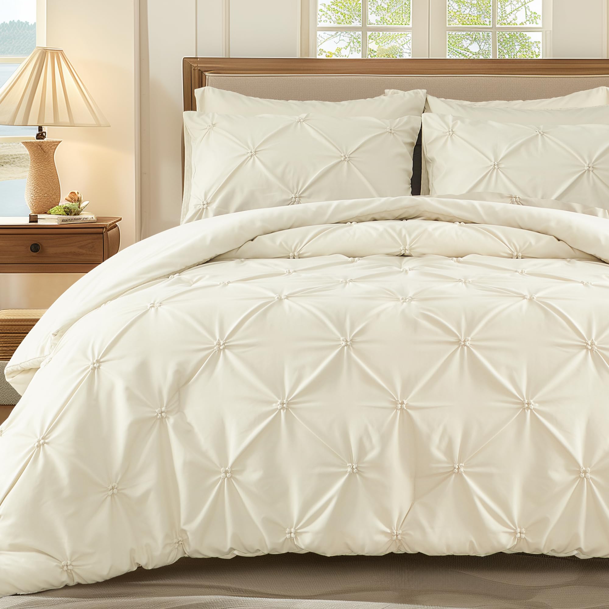 Wolki King Size Comforter Set Cream, 3 Pieces Bed Lightweight Solid Bedding Comforters Sets, All Season Fluffy Down Alternative
