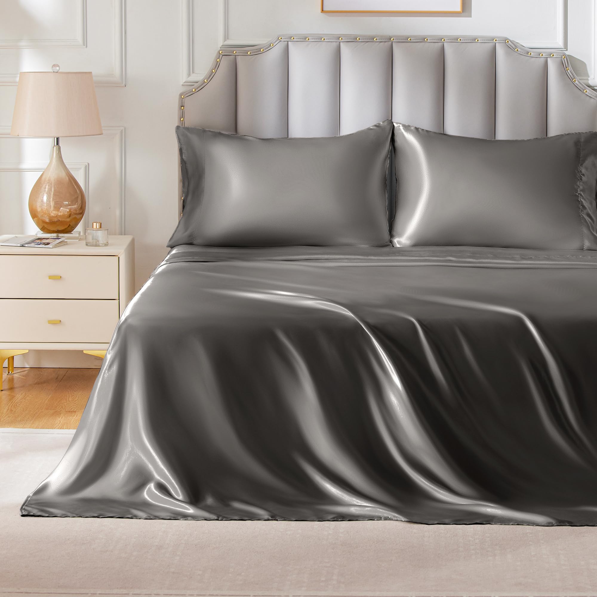 Freshculture Satin Sheets Full Size, Silky Soft Satin Bed Sheets, 4 Psc Gunmetal Satin Sheets With Deep Pocket, Similar To Silk