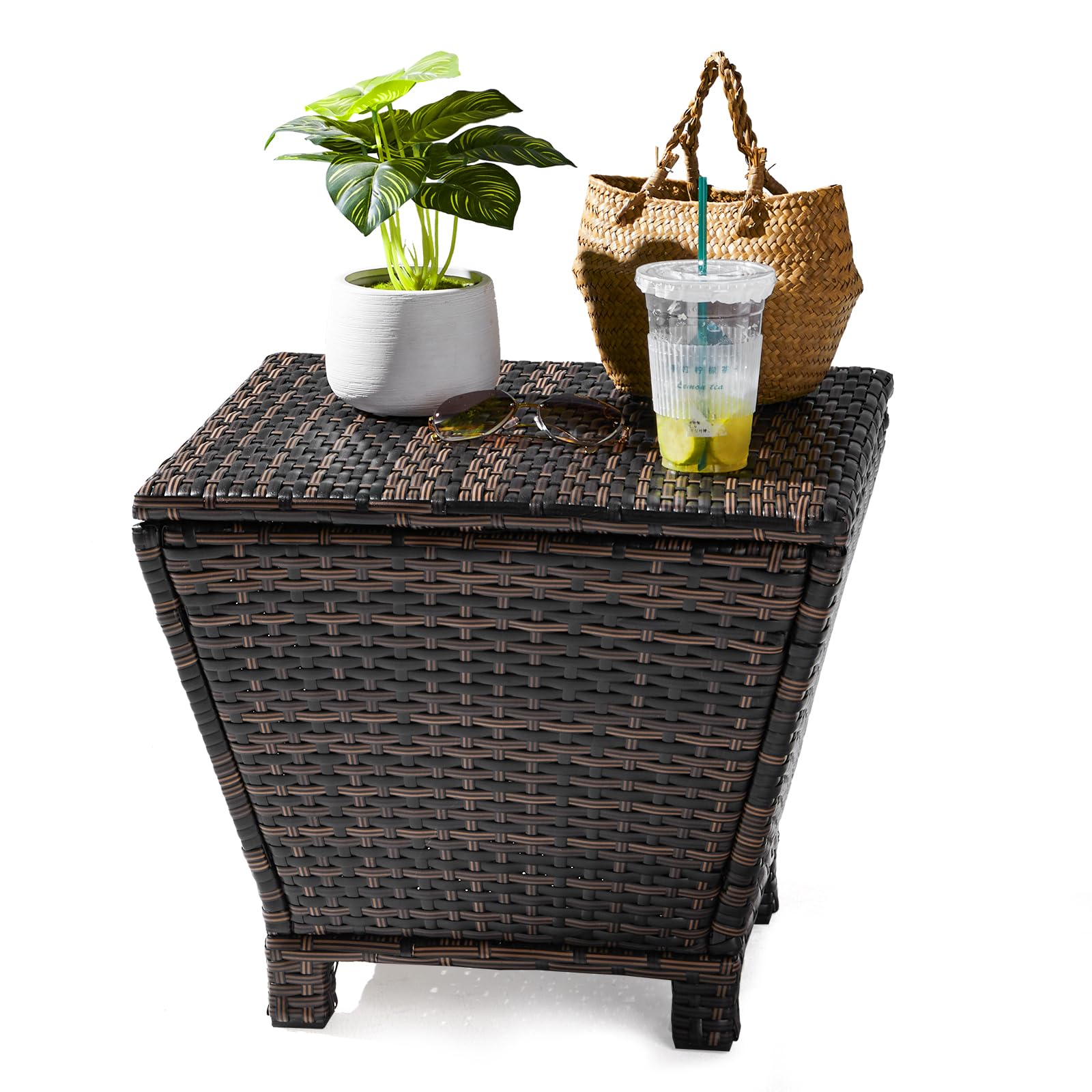 Wicker Rattan Side Table Patio Wicker Table with Lid, 13 Gallon PE Rattan Deck Box Patio Storage Chest, Wicker Storage Box Outdo