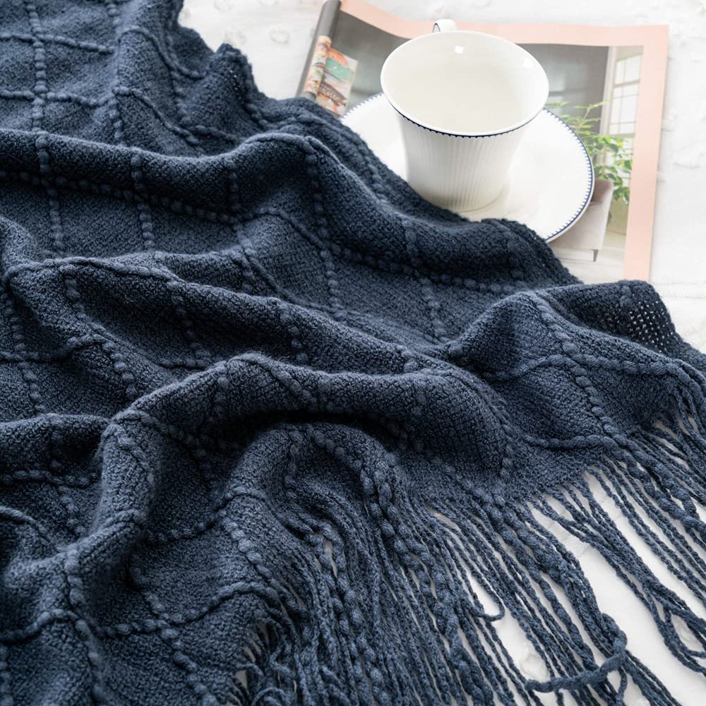 Battilo Home Navy Blue Throw Blanket With Fringe, Geometric Bed Blue Throws, Spring Decorative Large Throw For Couch Sofa Indoor