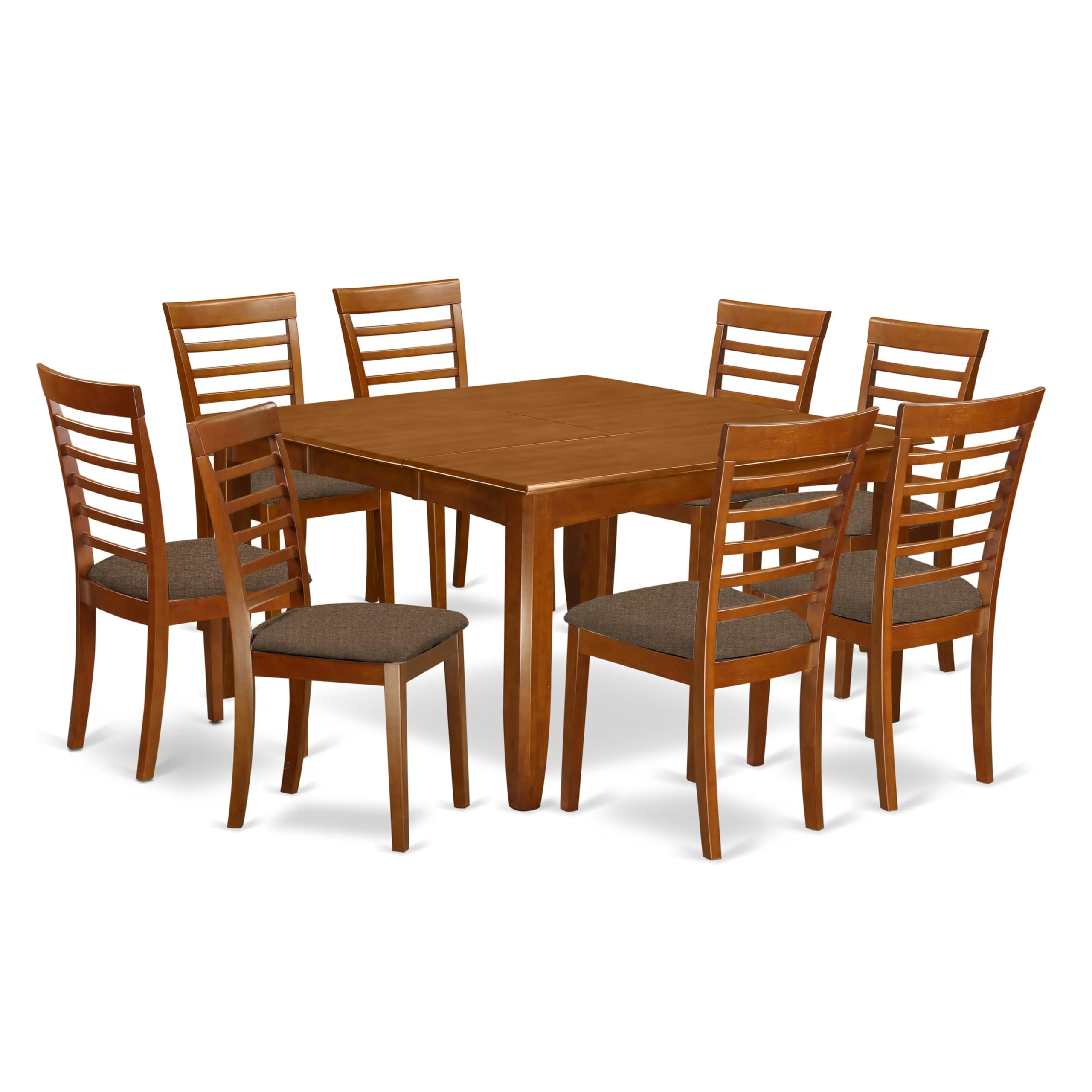 East West Furniture PFML9-SBR-C 9 Piece Kitchen Table & Chairs Set Includes a Square Dining Table with Butterfly Leaf and 8 Linen Fabric Dining Room Chairs, 54x54 Inch, Saddle Brown