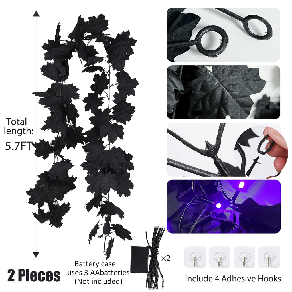 Recutms Artificial Maple Leaves Maple Leaf With Lights 5.7Ft Fall Maple Leaf Garland Hanging Black With 30 Lights The Artificial