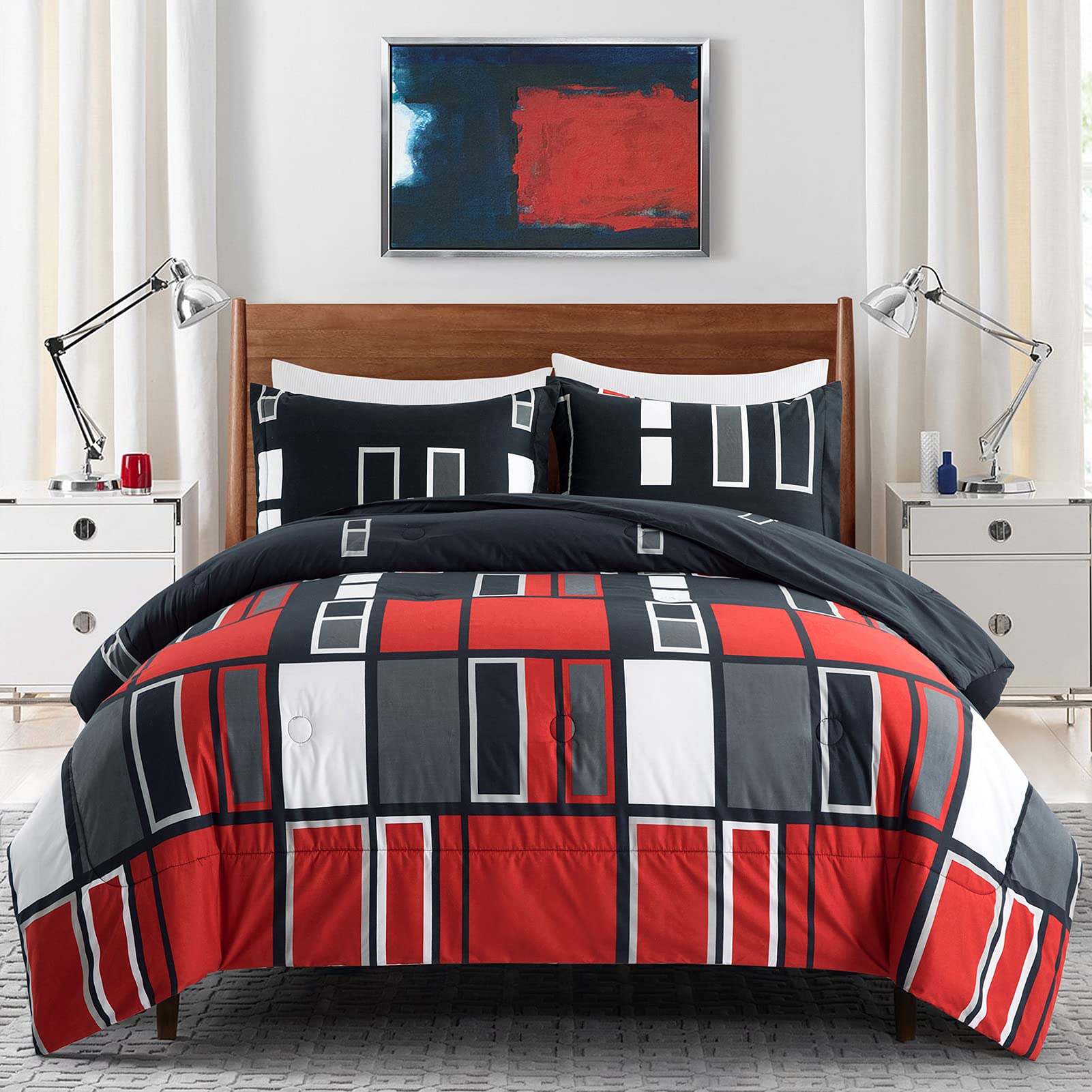 Artall Microfiber 2 Pieces Comforter Set Black Gray Red Plaid Pattern Lightweight Bedding Set, Twin Size With 1 Sham