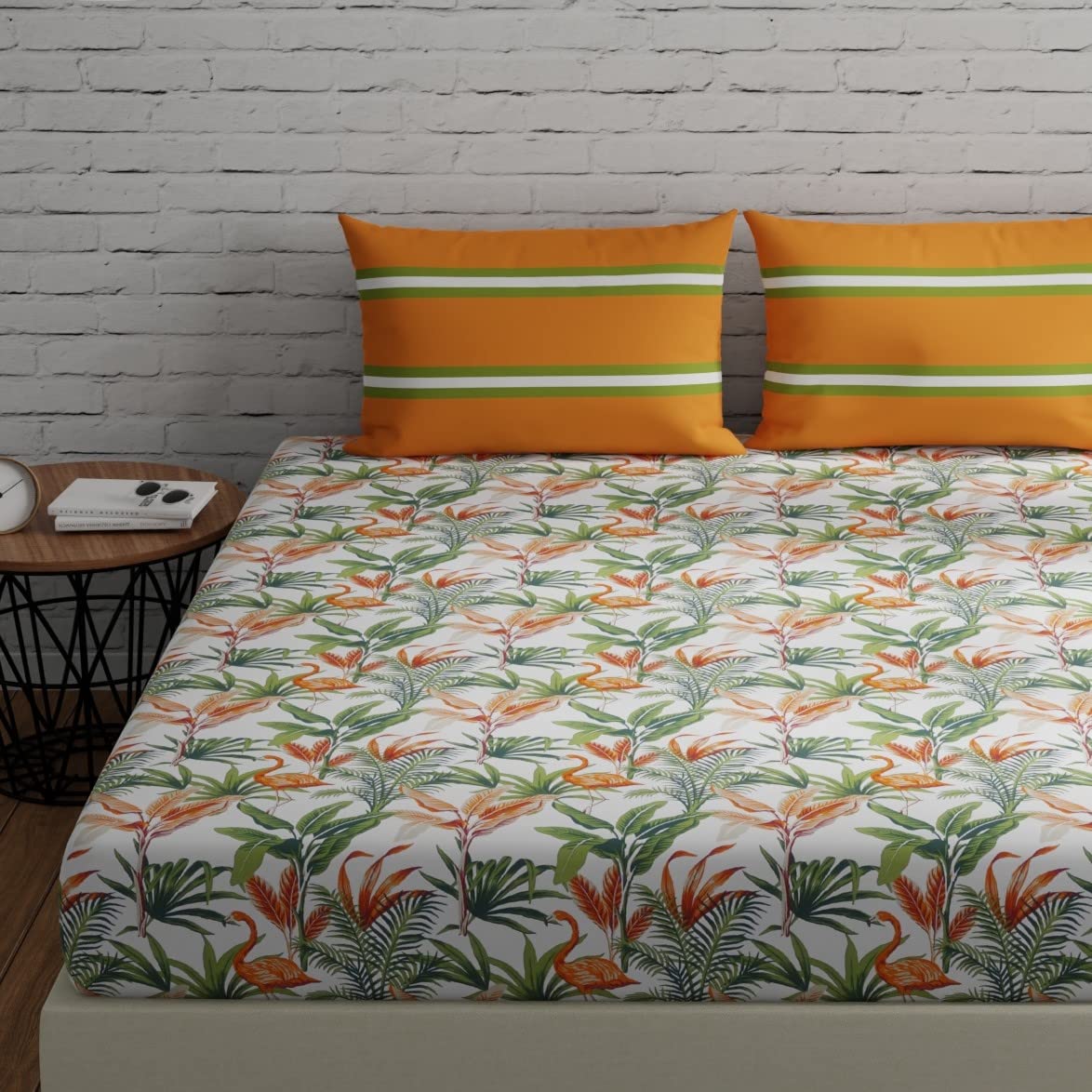 Huesland By Ahmedabad Cotton 144 Tc Bedsheet For Double Bed King Size Cotton With 2 Pillow Covers | 108 By 108 Inch | Flamingos 