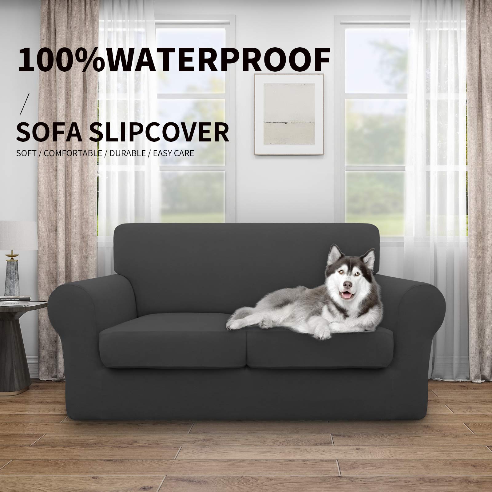 Easy-Going 100% Dual Waterproof Loveseat Cover Stretch Soft Couch Cover For Dogs, Sofa Slipcover For 2 Separate Cushion Couch Leakproof Furniture Protector For Kids, Pets Dark Gray