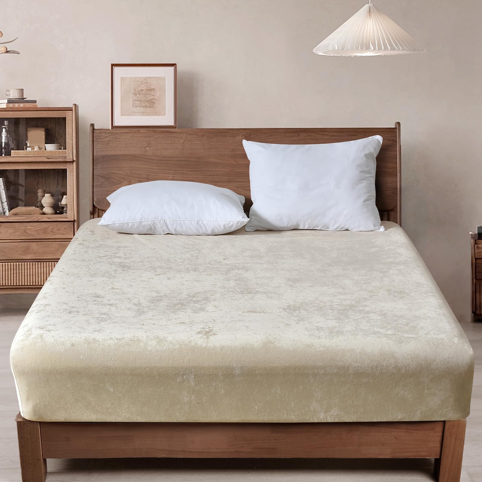 Phf Truly Velvet Fitted Sheet Only Queen Size, Luxury Super Soft Cozy Comfy Fleece Bottom With 15' Deep Pocket, Suitable For Fall Winter And Spring, No Pillowcases, Sand