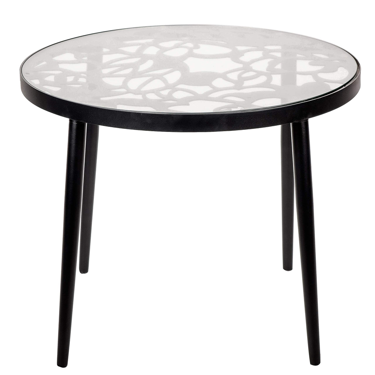 LeisureMod Black End Table, Glass Top with Tree Design & Aluminum Base for Indoor & Outdoor Use