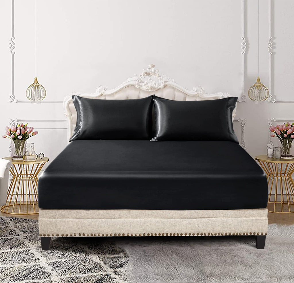 SiinvdaBZX 3-Piece Set Satin Full Fitted Sheet & 2 Pillowcase, Black Silky Soft Fitted Bottom Sheet, Wrinkle Free, Fade Resistan