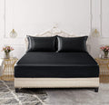 SiinvdaBZX 3-Piece Set Satin Full Fitted Sheet & 2 Pillowcase, Black Silky Soft Fitted Bottom Sheet, Wrinkle Free, Fade Resistan