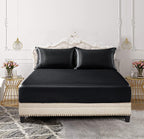 SiinvdaBZX 3-Piece Set Satin Full Fitted Sheet & 2 Pillowcase, Black Silky Soft Fitted Bottom Sheet, Wrinkle Free, Fade Resistan