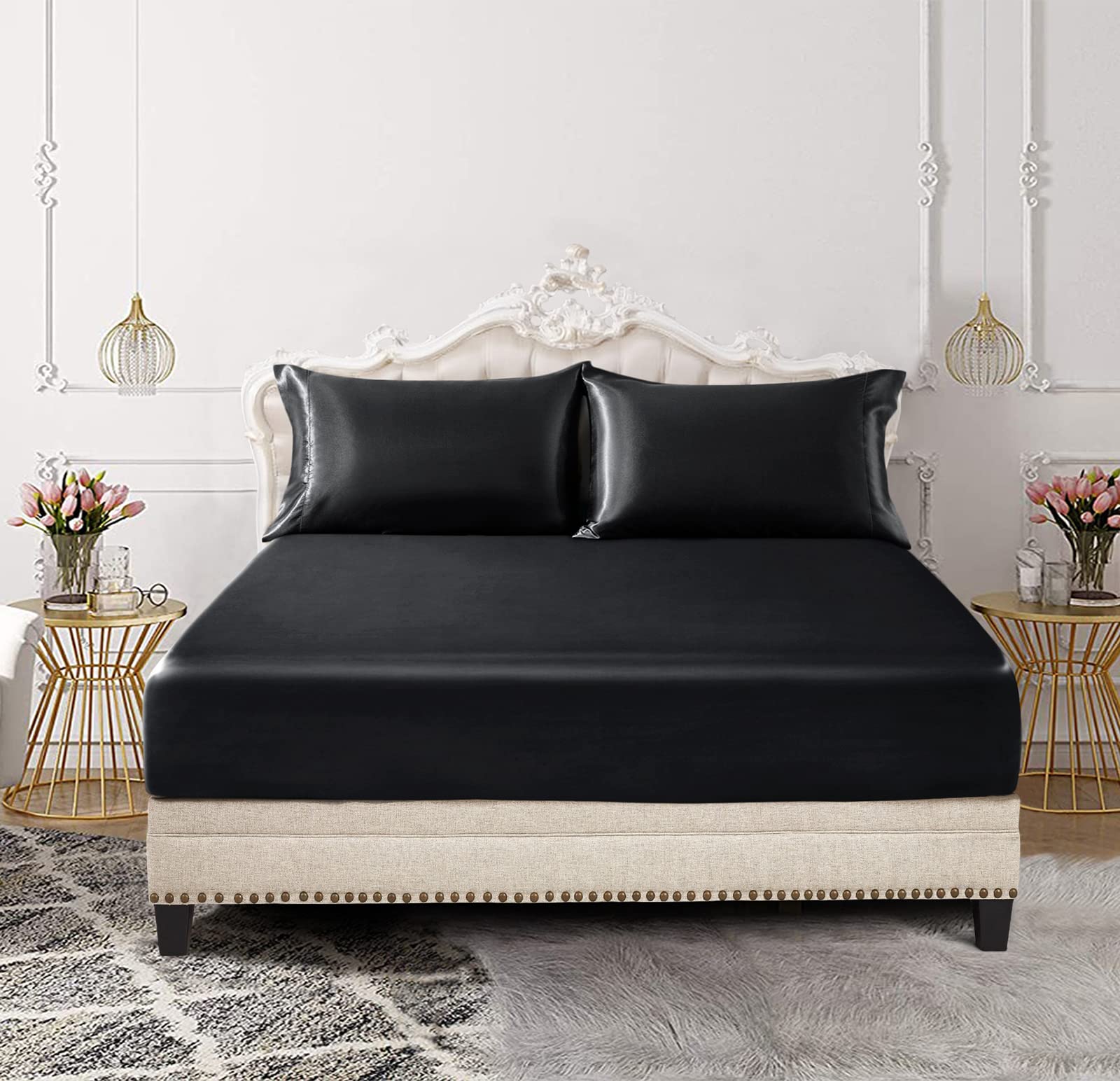 SiinvdaBZX 3-Piece Set Satin Full Fitted Sheet & 2 Pillowcase, Black Silky Soft Fitted Bottom Sheet, Wrinkle Free, Fade Resistan