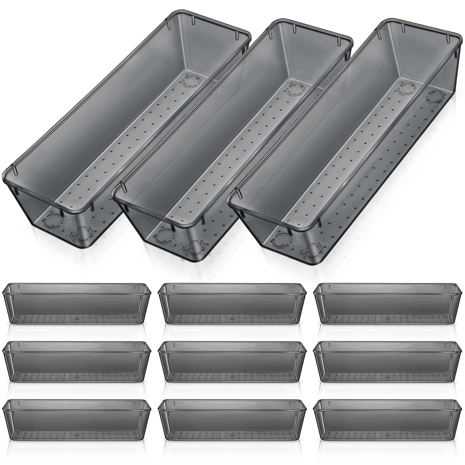 Maitys 12 Pcs Vanity Drawer Organizer 9 x 3 x 2 Clear Plastic Utensil Organizers Kitchen Drawers Dividers for Office Desk Silver