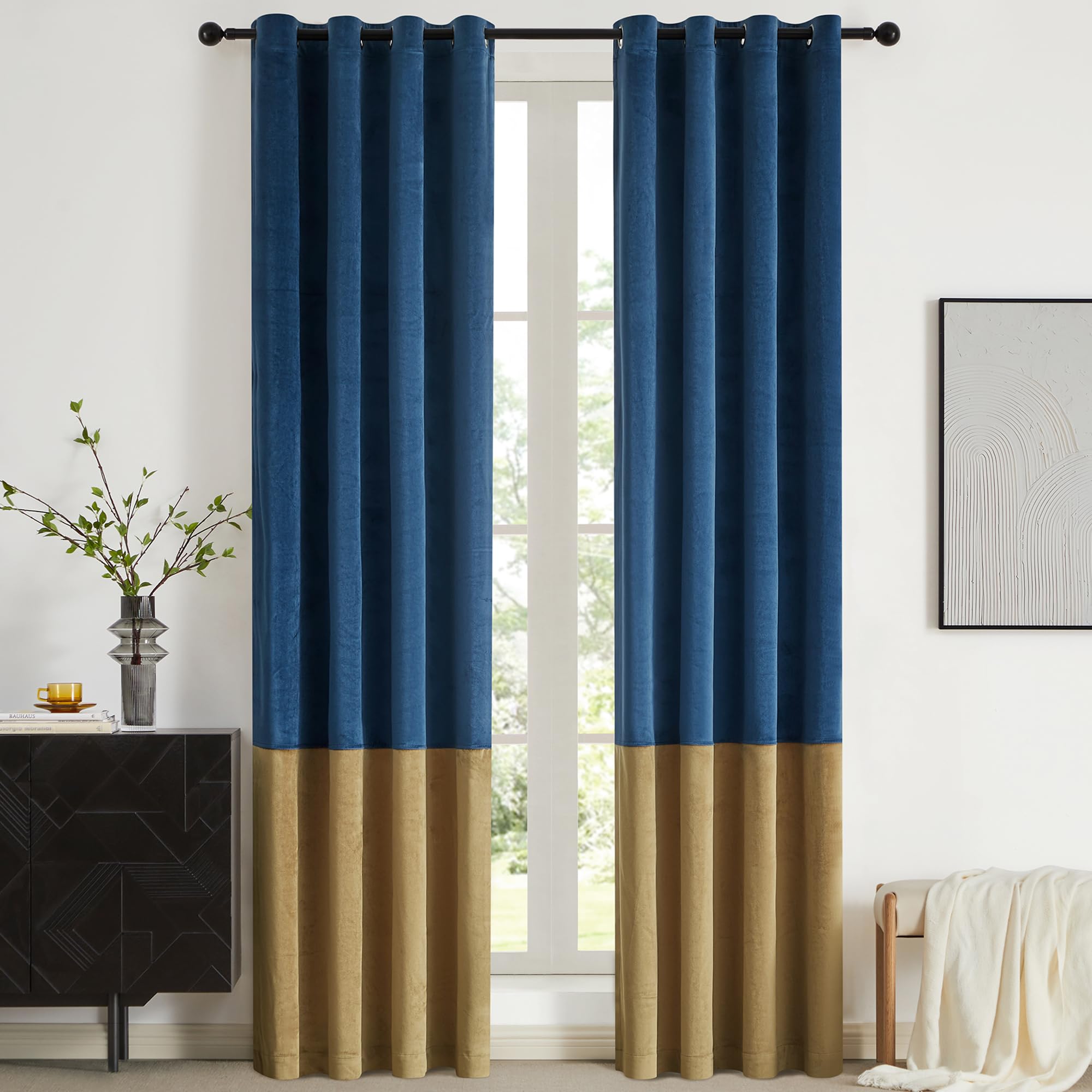 Bulbul Color Block Window Curtains Panels 72 Inches Long Navy Blue Gold Velvet Farmhouse Drapes For Bedroom Living Room Darkenin