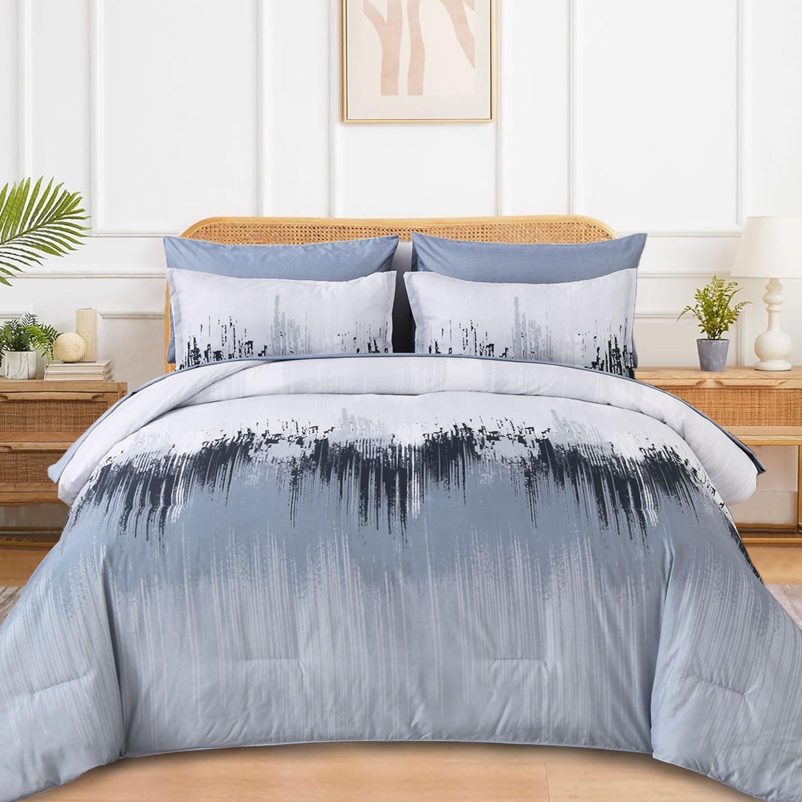 Wongs Bedding Comforter Set Queen, Blue 7 Pieces Bed In A Bag Abstract Gradient Comforter Dusty Blue Soft Microfiber Bedding Wit