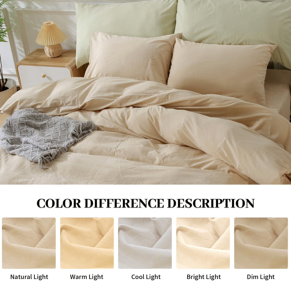 Nexhome Pro Cotton Duvet Cover Oversized Queen 92'X98' Linen Look Textured Organic Natural 100% Washed Cotton Duvet Cover 3 Pieces Bedding Set Beige Zipper Closure, Breathable (No Comforter)