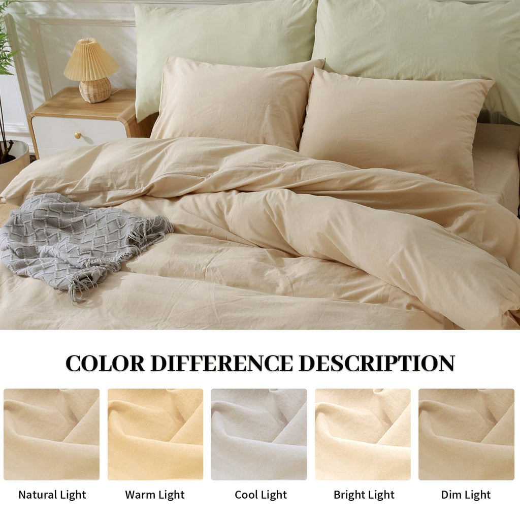 Nexhome Pro 100% Washed Cotton Duvet Cover Super King 108'X98' Linen Look Textured Organic Natural 3 Pieces Bedding Set With Zipper Closure, Breathable, Soft, Beige (No Comforter)