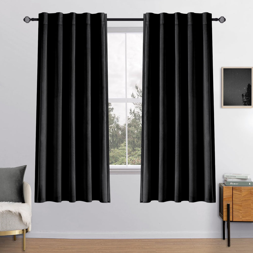 Miulee Black Velvet Curtains 63 Inch Length 2 Panels - Luxury Blackout Curtains For Bedroom Living Room Thermal Insulated Super Soft Window Drapes Rod Pocket & Back Tab, W52 X L63 Inches
