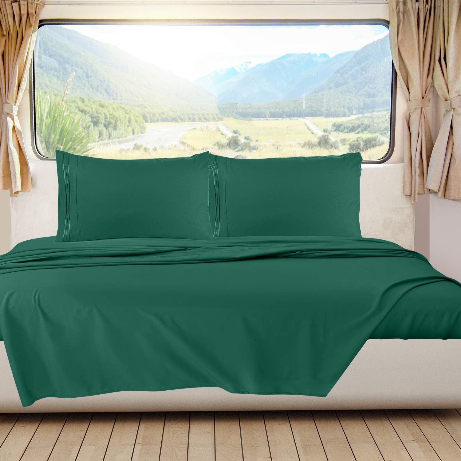 Nestl Hunter Green Rv Queen Sheets – Super Soft Rv Short Queen Sheets For Rv Camper, 4 Piece 1800 Microfiber Fitted Rv Sheets, Double Brushed Rv Bed Sheets Set, Camper Sheets And Pillowcases
