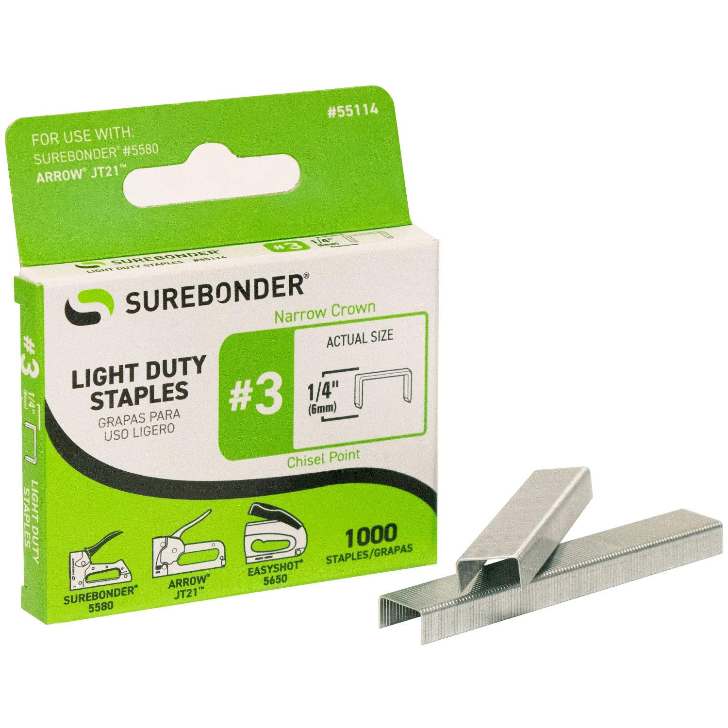 Surebonder 55114 Light Duty 1/4-Inch Leg Length, .441-Inch Crown Staples, Arrow Jt21 Type, 1000 Count