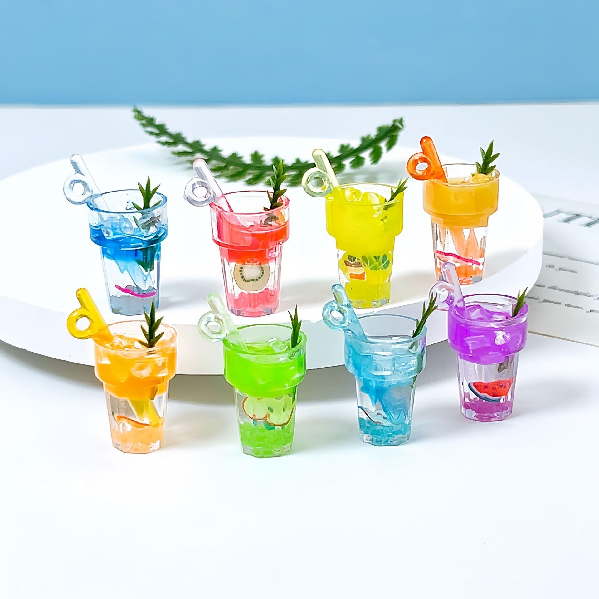 8 Pieces Miniature Dollhouse Drinks Set - Resin Glass Cup and Fruit Beverage Bottles, Simulated Drink Models for Summer Leisure-