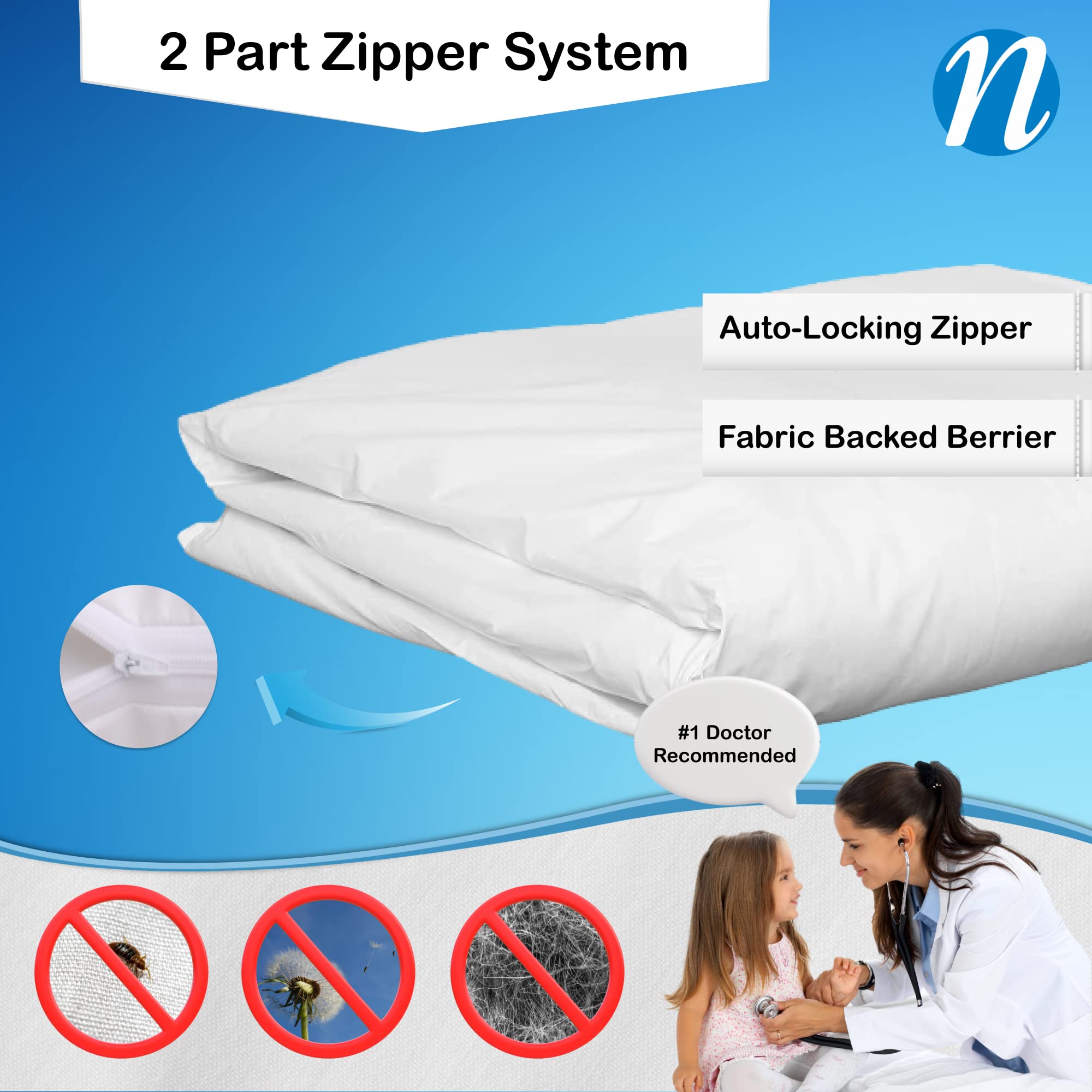 National Allergy Premium 100% Cotton Duvet Comforter Protector - Twin Size - 66'' X 86'' - White - Breathable 300 Thread Count H