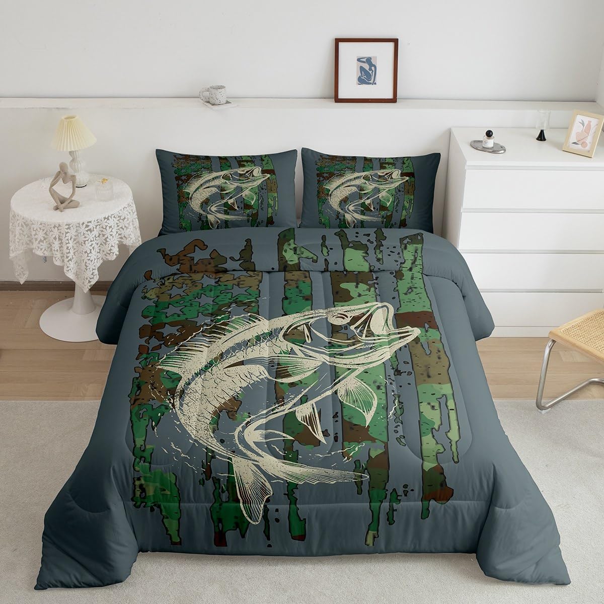 Bass Fish Comforter Set Full Size Green Camouflage Bedding Set For Fishing Lover Gifts Boys Girls Camo Pike Fish Fishing Comfort
