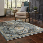 HomeRoots 508092 8 x 11 ft. Blue Gold Ivory & Navy Oriental Power Loom Stain Resistant Rectangle Area Rug with Fringe