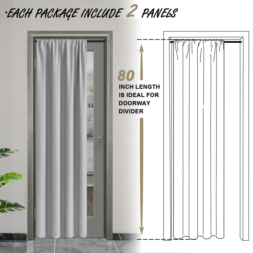 Jiuzhen 80 Inch Length Door Curtains For Doorway Privacy Insulated Blackout Curtains With Tiebacks Rod Pocket Room Divider Curtain Cover For Bedroom Closet Door, Set Of 2, 42 X 80 Inch, Silver Grey