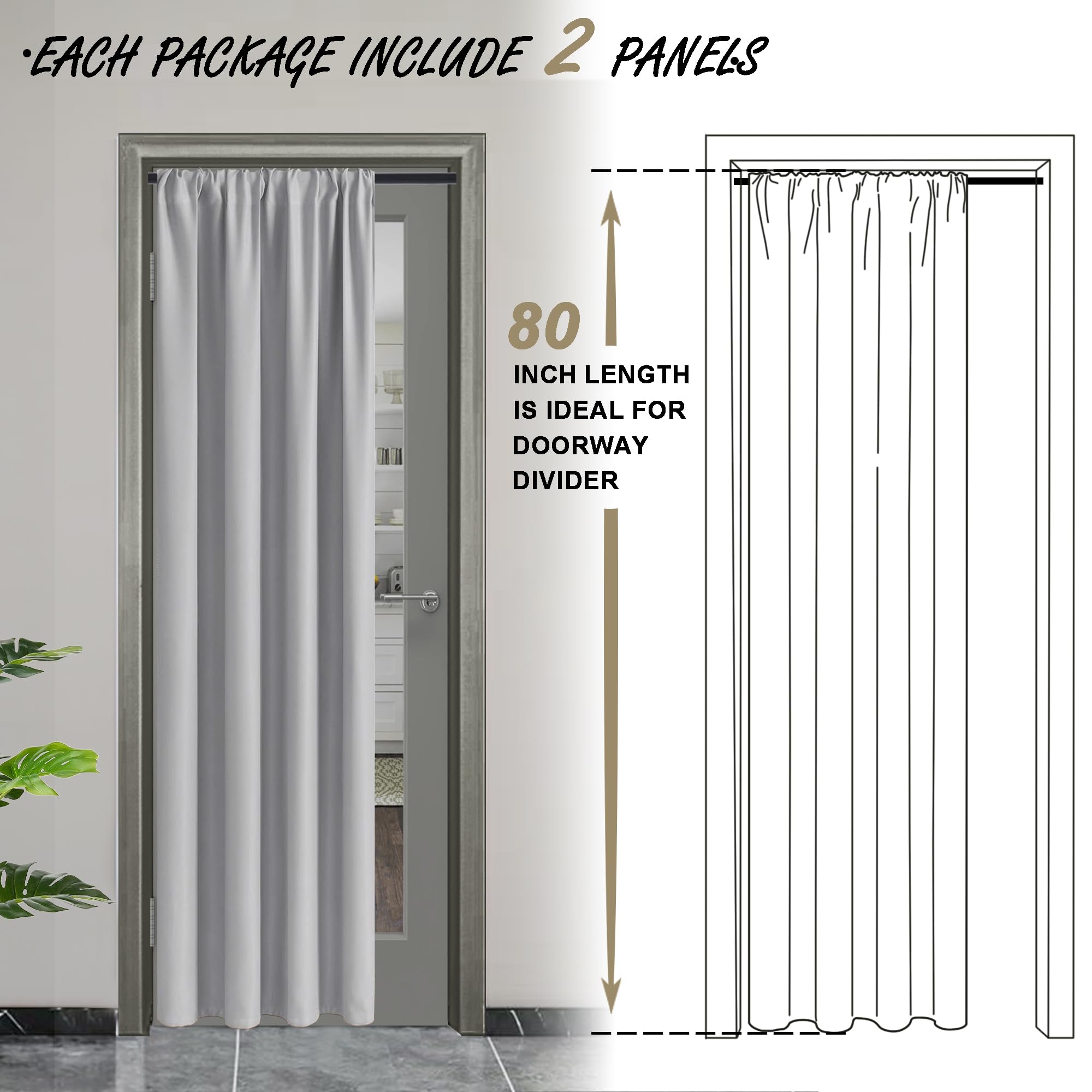 Jiuzhen 80 Inch Length Door Curtains For Doorway Privacy Insulated Blackout Curtains With Tiebacks Rod Pocket Room Divider Curtain Cover For Bedroom Closet Door, Set Of 2, 42 X 80 Inch, Silver Grey