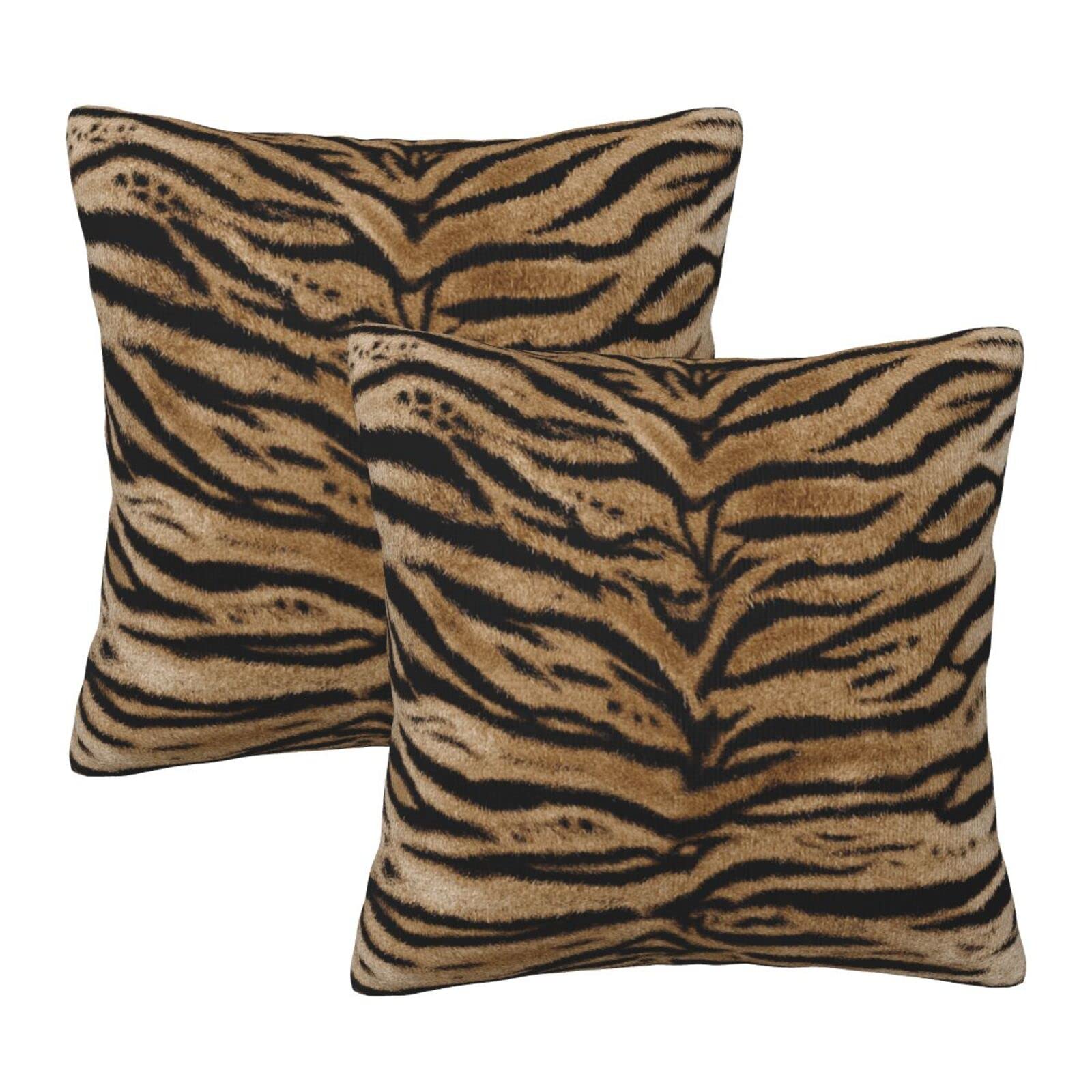 Perinsto Tiger Texture Print Throw Pillow Covers Set Of 2 Animal Skin Pattern Decorative Pillowcases Soft Cushion Covers For Sof