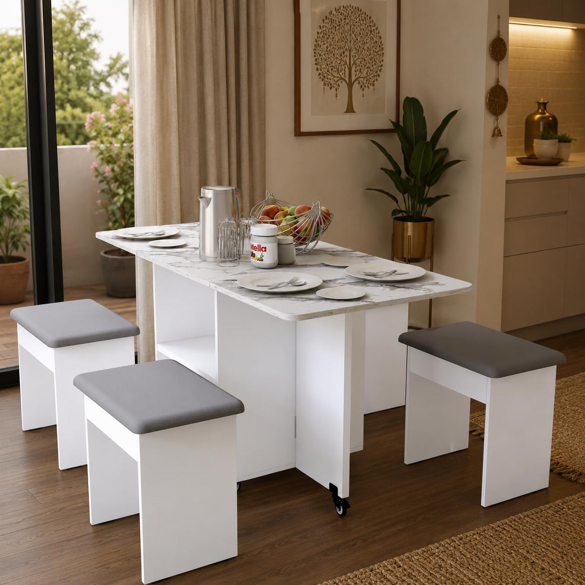 Studio Kook Bonbon 4 Seater Folding Dining Table Set With Inbuilt Stools
