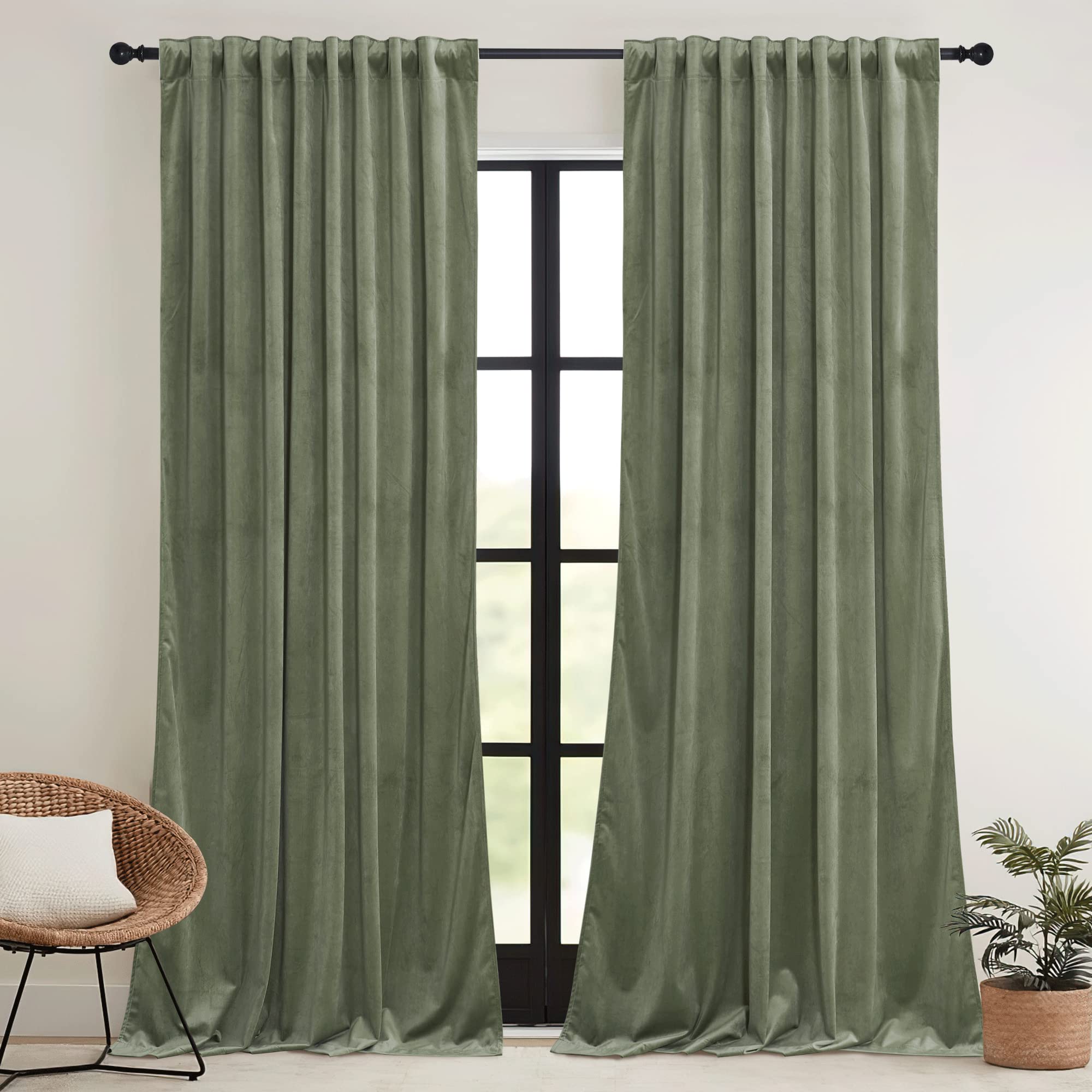 Ryb Home Sage Green Velvet Curtains 90 Inches - Heavy Duty Back Tab Decorative Window Drapes Privacy Room Darkening Covering For Living Room Bedroom, 52 Inch X 90 Inches, 2 Panels Set