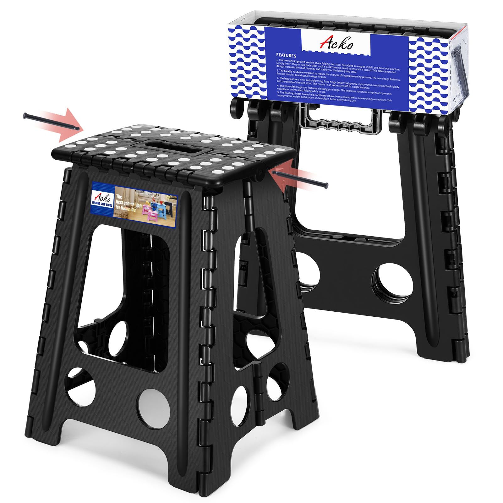 Acko Folding Step Stool Foldable 17.5 Inch Stool 400 Lbs Capacity,Plastic Stools For Adults And Kids,Collapsible Stool For Kitchen, Stepping Stool With Handle(Black)