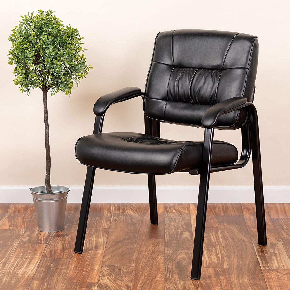 Flash Furniture Haeger LeatherSoft Tufted Executive Reception Chair with Padded Armrests, Upholstered Side Chair for Living Room or Office, Black