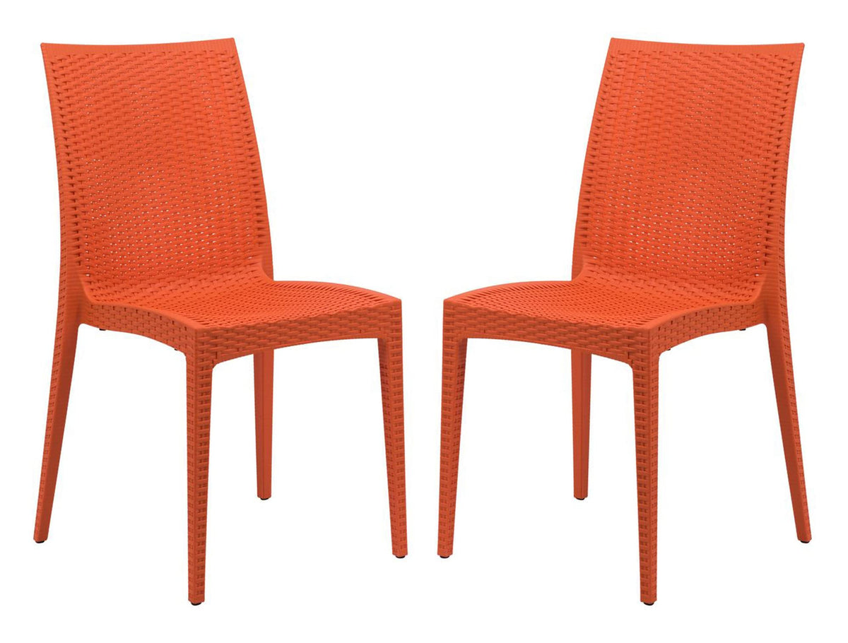 LeisureMod Modern Indoor/Outdoor Home Decorative Furniture Weave Mace Dining Chair (Armless), Set of 2 - Orange
